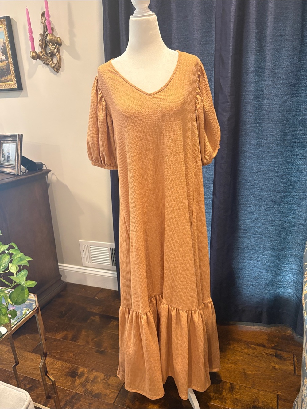 Women's mustard orange Puff-Sleeve Maxi Dress